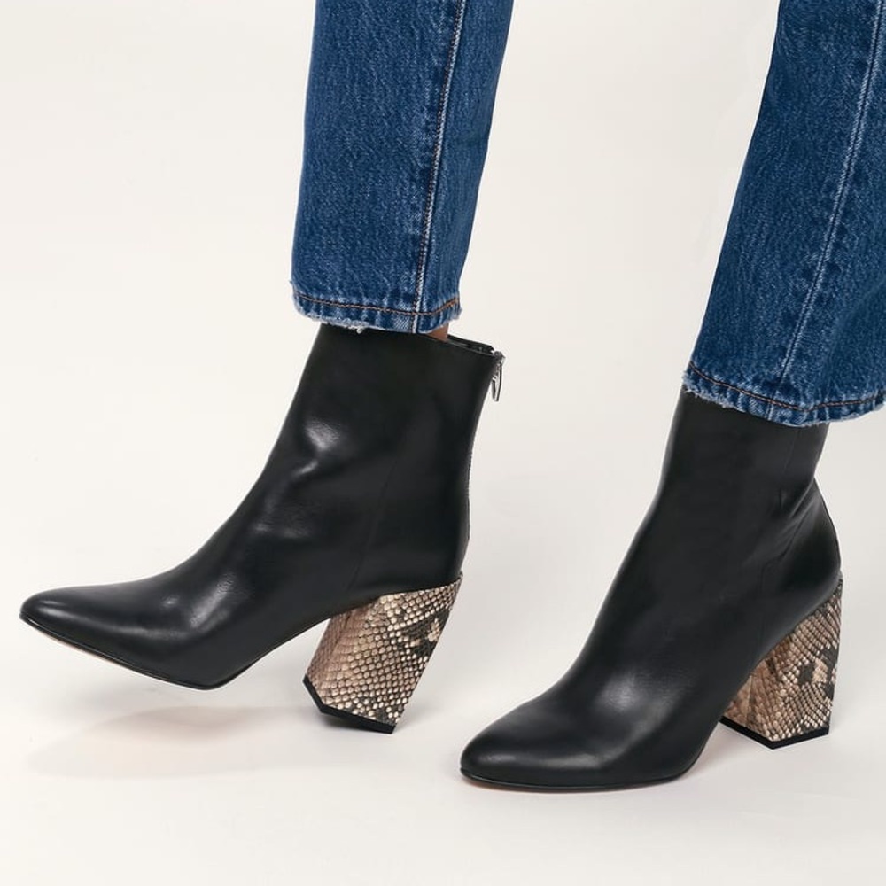 Dolce Vita Black Leather Ankle Boots with Snakeskin Heel, Size 8